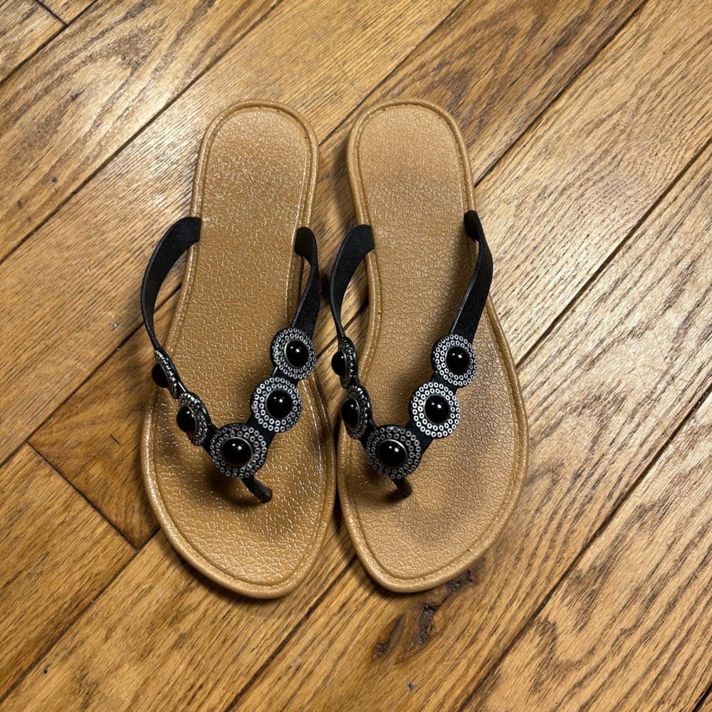 Black Beaded Medallion Thong Sandals Tan Footbed Flip Flops Womens Size 8/9